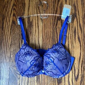 Blue plunge push up bra